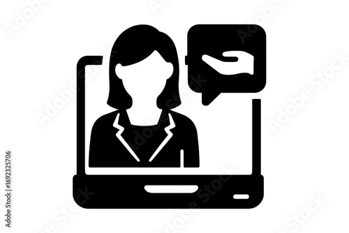 Online customer support icon with a woman on a laptop screen offering help through a video call or virtual assistance service