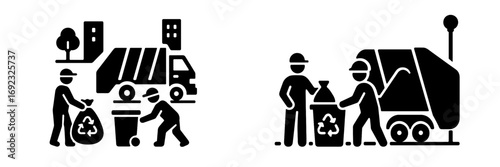 Garbage collection service icons with sanitation workers loading recycling bags and bins into a garbage truck in a city