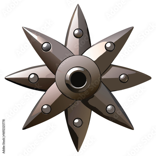 Detailed illustration of a metallic star, featuring eight points and rounded edges, isolated