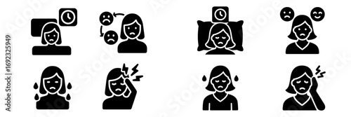 Stress and anxiety glyph icon set showing depression, headache, insomnia, and mood swings for mental health awareness