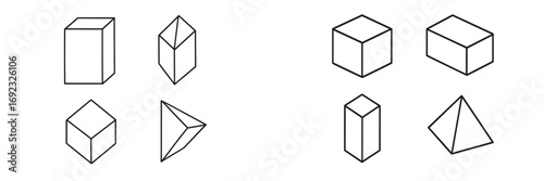 Set of minimalist geometric shapes in isometric projection including cube, pyramid, and prism line art icons on a white background