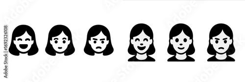 Woman face icon set with various emotions like happy, sad, and angry in a simple black and white style