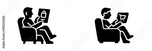 Black glyph icon set of a man sitting in an armchair using a tablet for secure online shopping and private browsing