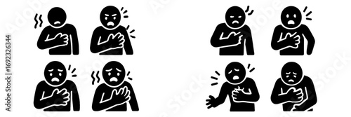 Set of black glyph icons showing a person with chest pain, a symptom of a heart attack or cardiac arrest
