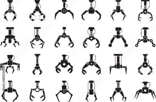 grid of 25 robotic gripper silhouettes showcasing diverse mechanical claw end effectors for automation and robotics design