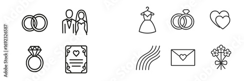 Minimalist wedding and marriage line icon set with symbols for ceremony and celebration including rings, bride, groom, and dress