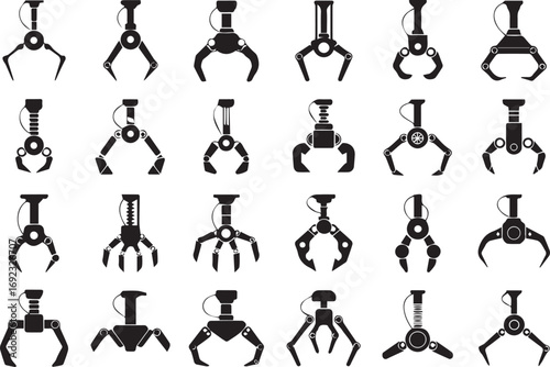 collection of black silhouette robotic grippers in various designs for mechanical engineering and factory automation