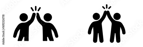 High five icon set with two people celebrating success or agreement, a simple black silhouette symbol for teamwork and partnership