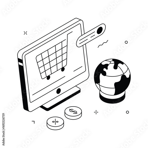 An isometric illustration showcasing the concept of global e-commerce.