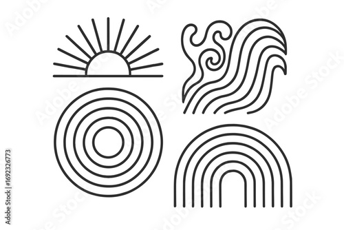 Minimalist line art collection of abstract nature symbols featuring a rising sun, ocean waves, concentric circles, and a geometric rainbow