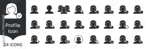 User Account And Profile Interface Solid Icon Set. Avatar, Login, Verification And Communication Elements Silhouette Symbol Collection. Isolated Vector Illustratio