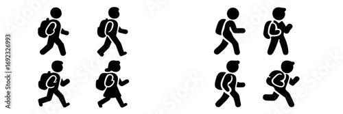 Black silhouette icon set of students with backpacks walking and running to school, simple pictograms of children and pupils