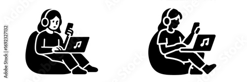 Woman listening to music on a laptop and smartphone while sitting on a beanbag chair, black and white icon set