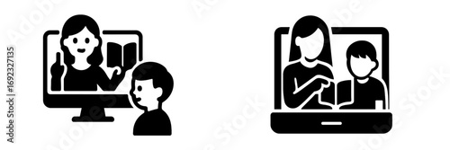 Online learning and remote education icon set with teacher and student using computer and laptop for virtual class