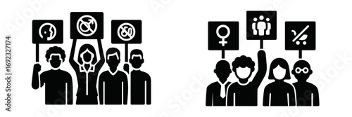 Protest icons set with people holding signs for social issues like feminism, ageism, and gender discrimination