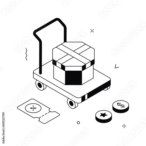An isometric illustration of a hand truck carrying a gift box