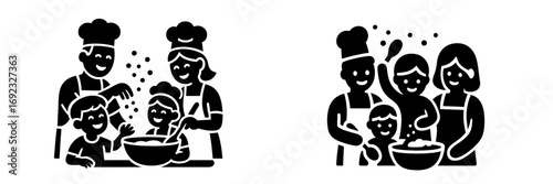 Family cooking together in the kitchen glyph icons set with parents and children baking, wearing chef hats and aprons, mixing ingredients in a bowl for a fun home activity