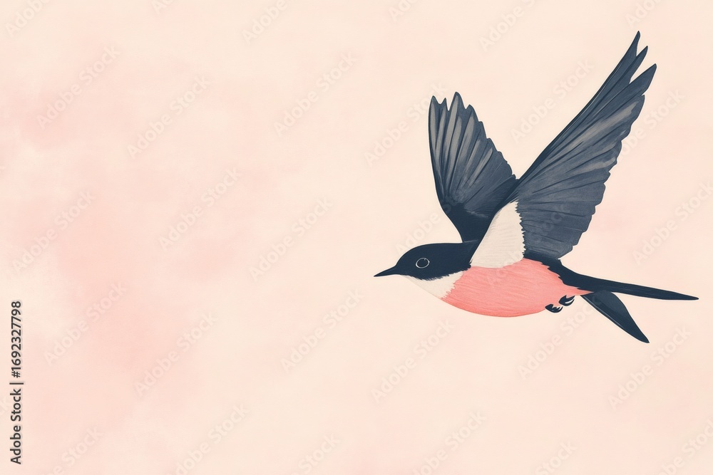 Fototapeta premium Illustration of a pink robin bird gracefully soaring through a soft pink sky, conveying freedom and tranquility
