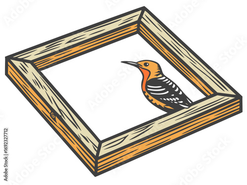 woodcut style illustration of a woodpecker peeking into an empty wooden frame isolated on white background.