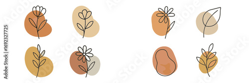 Abstract botanical collection with minimalist line art flowers and leaves over organic bohemian shapes with an earth tone watercolor texture
