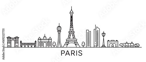 Paris Line Art Skyline. Paris city black skyscrapers and buildings. Long cityscape. with white background