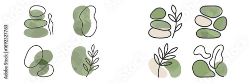 Set of abstract minimalist compositions with organic shapes, stacked stones, and botanical line art elements in a natural boho style with watercolor texture