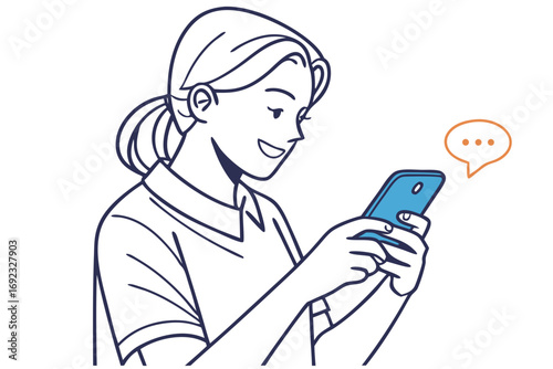 a smiling young woman enthusiastically typing on her blue smartphone, with a chat bubble indicating a message in progress, in a minimalist line art style
