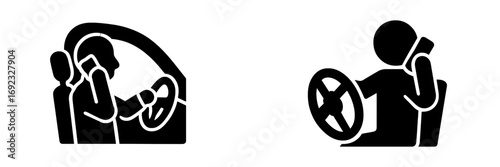 Distracted driving glyph icons set showing a driver talking on a mobile phone while operating a vehicle, a symbol of danger and lack of safety on the road