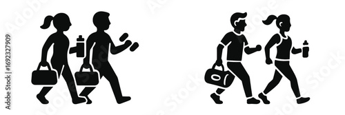 Black silhouette icon set of a man and woman couple going to the gym with workout equipment for fitness and a healthy lifestyle