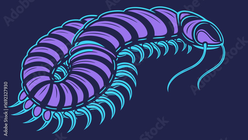 a vibrant, glowing purple and teal centipede with many legs, curling on a dark background in a stylized, illustration format