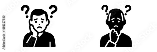 Confused man with question marks icon set for problem solving and doubt, simple black and white glyph symbol for thinking and uncertainty