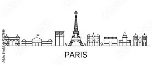Paris Line Art Skyline. Paris city black skyscrapers and buildings. Long cityscape. with white background