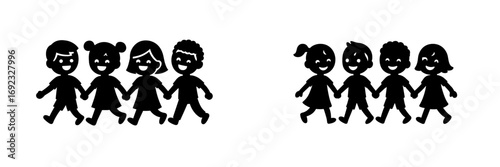 Simple black silhouette icons of two diverse groups of children walking together and holding hands to symbolize friendship and unity