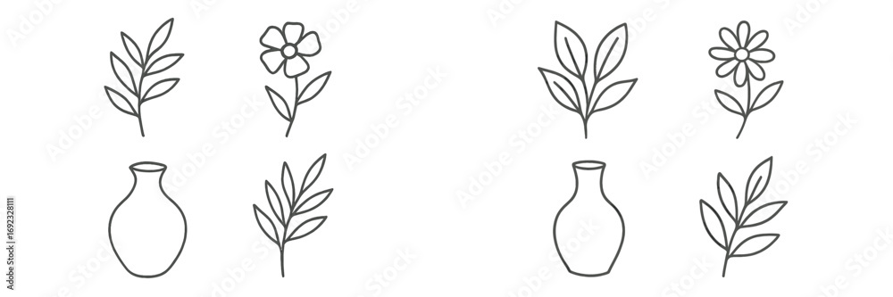 Obraz premium Minimalist hand-drawn line art set of botanical elements including flowers, leaves, and vases for simple elegant design
