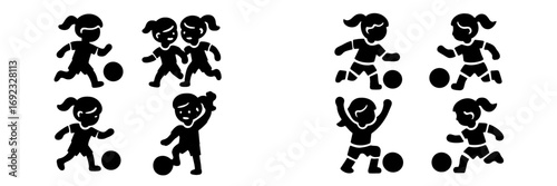 Set of black silhouette icons of young girls playing soccer in various action poses like dribbling, running, and celebrating, isolated on a white background for sports and activity concepts
