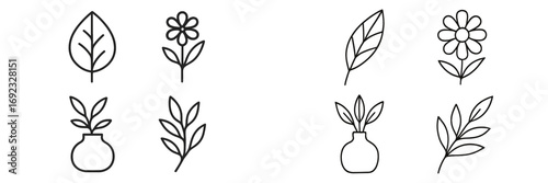 A collection of minimalist botanical line art icons featuring various flowers, leaves, and houseplants in decorative vases