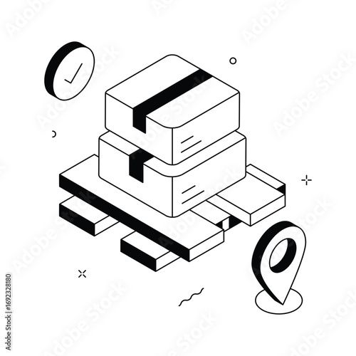 Stacked packages on a pallet with location marker, representing efficient shipping