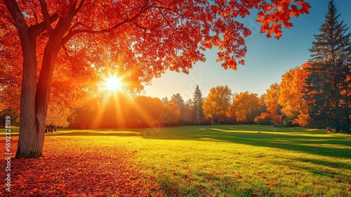 Sunlit Autumn Park Scene with Vibrant Red - Leafed Tree and Golden Grass