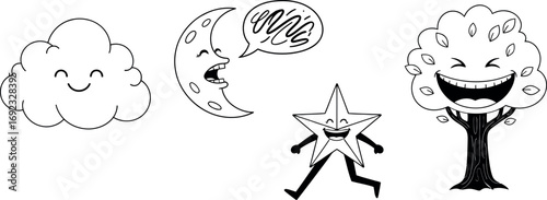 Happy cloud, smiling crescent moon, silly talking star running, and a giggling tree. Black and white vector illustrations of whimsical cartoon characters with happy faces.