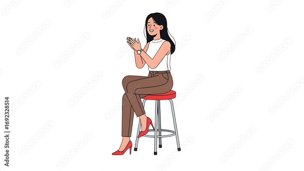 Fototapeta premium Illustration of woman clapping sitting on stool in pants and heels vector art for presentations and design 100 on transparent background