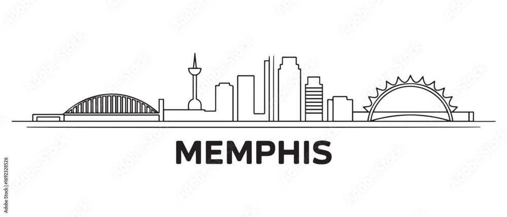 Obraz premium Memphis Line Art skyline horizontal banner. Memphis, Tennessee. Vector template for your design. with white background