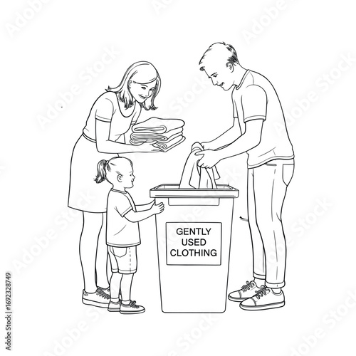 Family donating gently used clothing to donation bin promoting generosity and community spirit white background