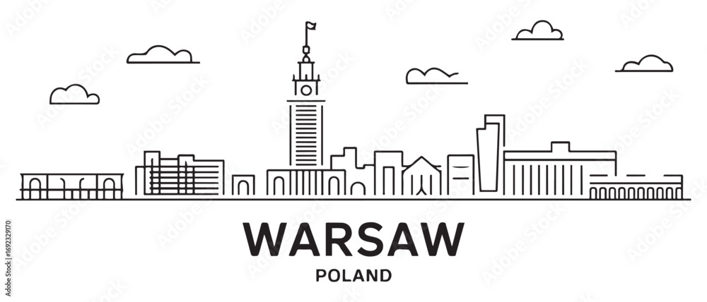 Naklejka premium Warsaw Line Art skyline horizontal banner. Warsaw, Poland. Vector template for your design. with white background