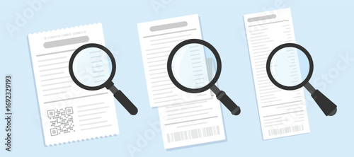 Set of magnifying glasses searching on bill payment receipts in different styles.