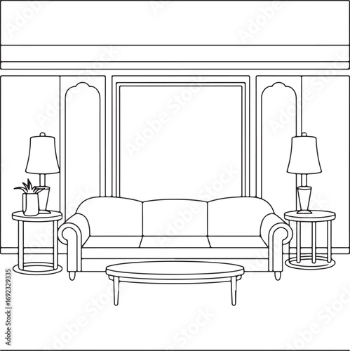 Elegant living room interior design sketch featuring a comfortable sofa ornate wall paneling a central mirror or artwork space and two bedside tables with lamps and plants