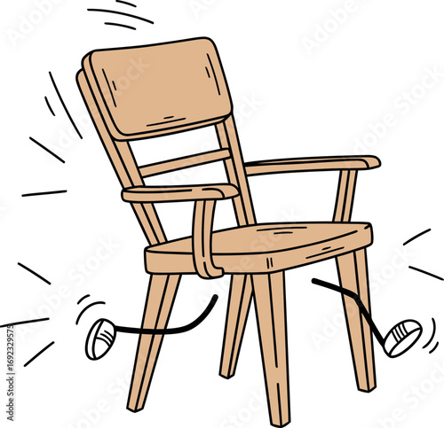 Vibrating wooden armchair with a minimalist design, shaking and bouncing due to an unseen force, cartoon vector illustration of a jittering piece of furniture.