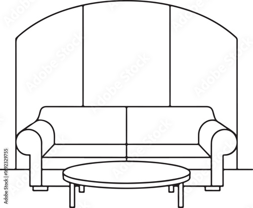 Simple line drawing of a comfortable sofa with a round coffee table in front of a large arched window or wall with vertical panels representing interior design and home decor concepts