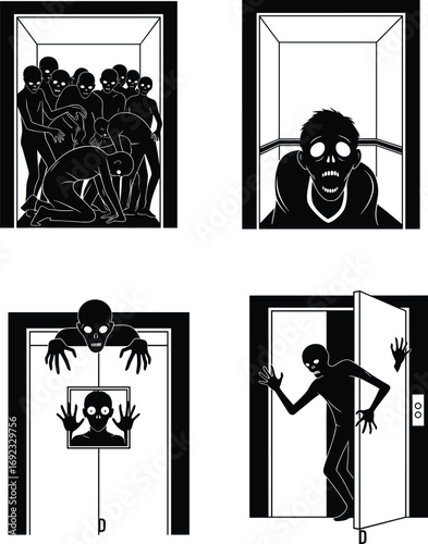Zombie silhouettes in elevator, horror scene illustration, creepy undead figures, scary doorway encounter, spooky monster shadows, thriller graphic art concept