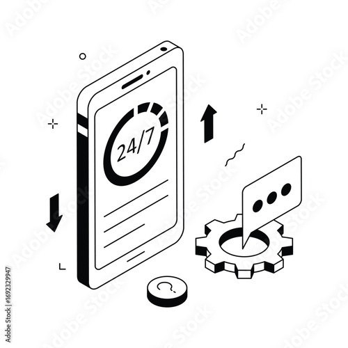 24,7 mobile support concept, illustration of accessible customer service