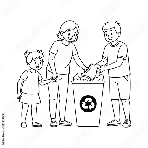 Family actively participating in recycling efforts together outdoors with recycling bin white background